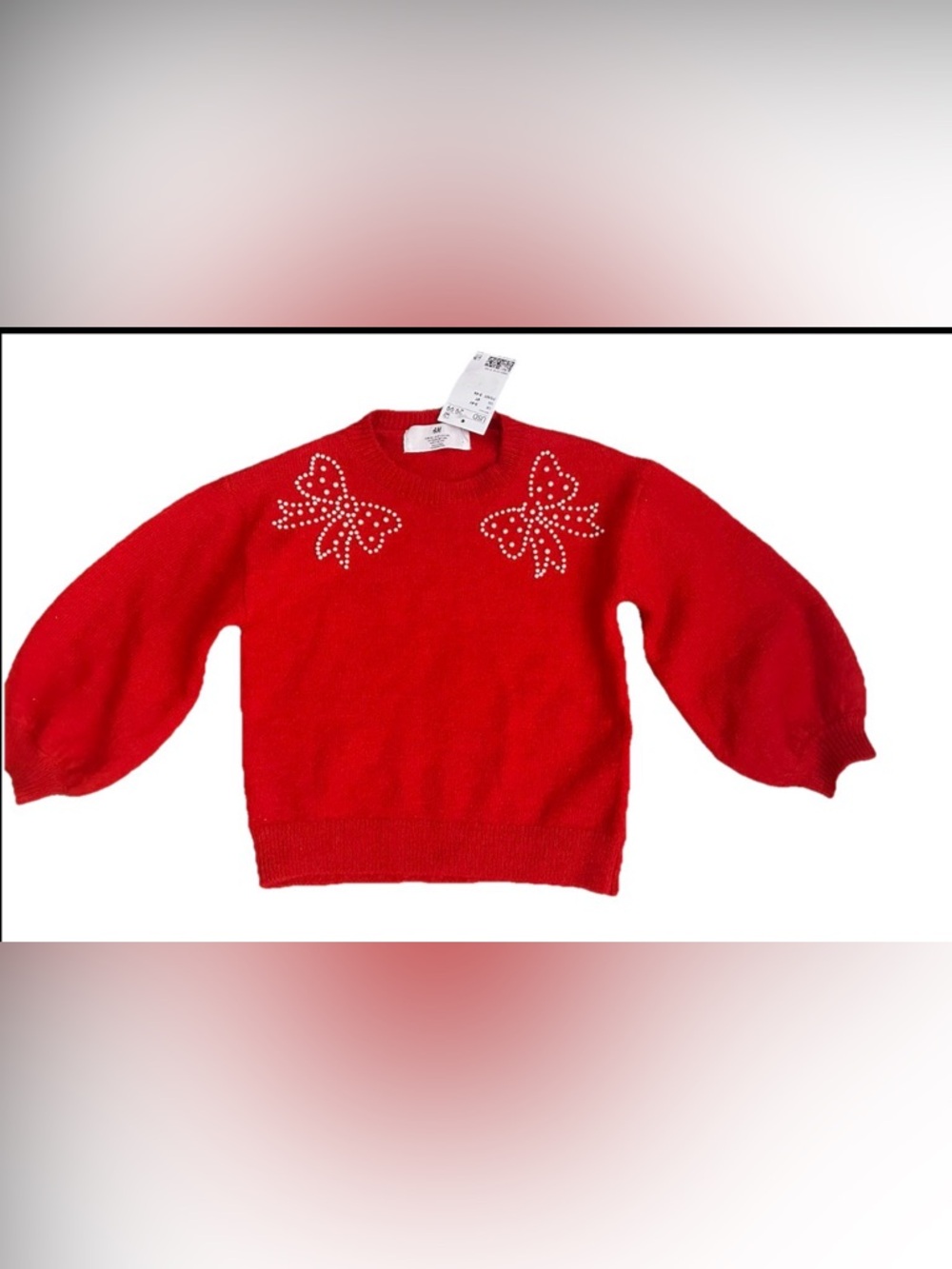 H&M Red Crewneck Sweater with Pearl Bow Accents